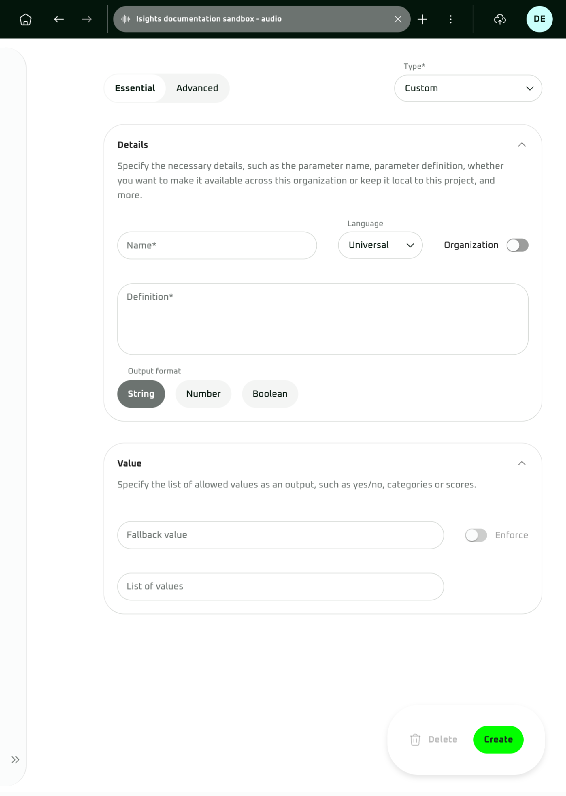 Custom parameter — Essential configuration