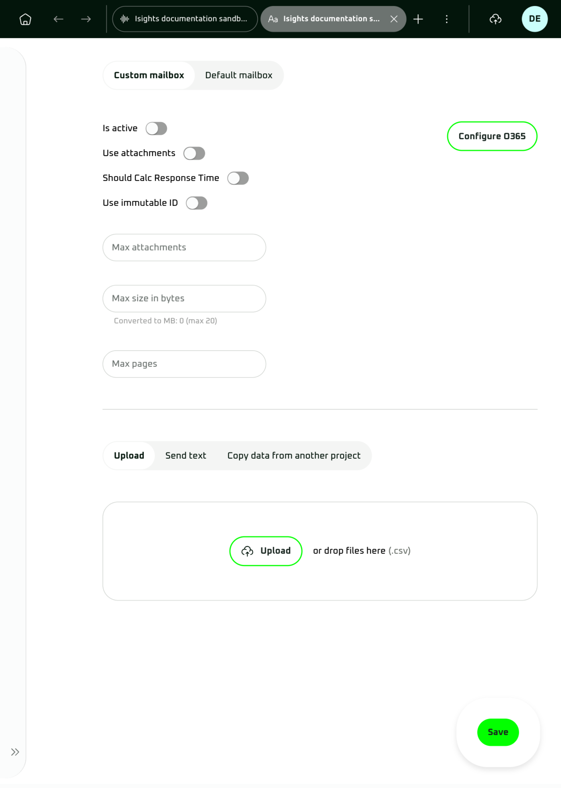 Text data sources — Custom mailbox and upload